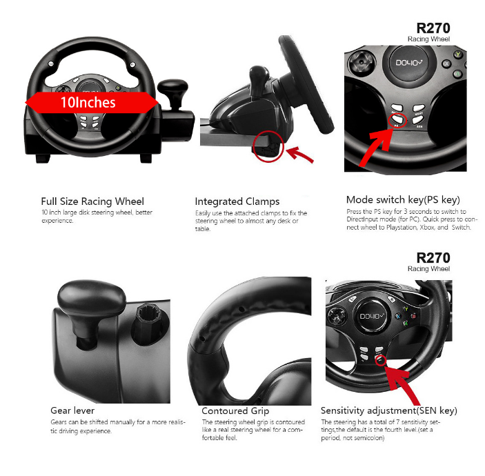 Hot-selling 270 game steering wheel For Xbox one/360/PS3/4/Android/Switch/PC Race game multifunction 7in1 gaming steering wheel