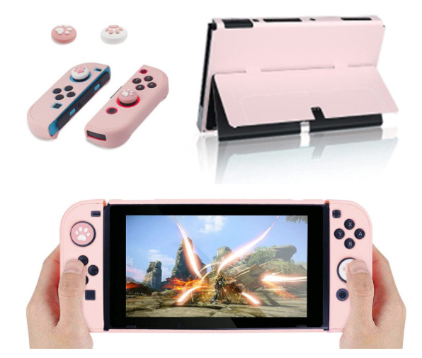 Cute Pink Case for Nintendo Switch Travel Carrying Hard Protective Accessories Kit with Glass Screen Protector Thumb Grips