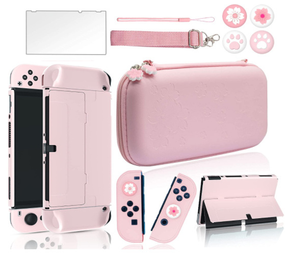 Cute Pink Case for Nintendo Switch Travel Carrying Hard Protective Accessories Kit with Glass Screen Protector Thumb Grips