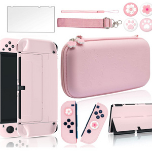 Cute Pink Case for Nintendo Switch Travel Carrying Hard Protective Accessories Kit with Glass Screen Protector Thumb Grips