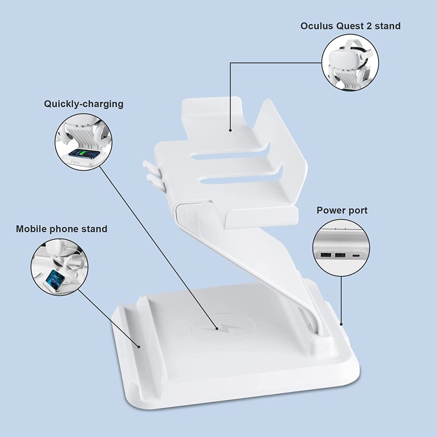 VR Headset Display Stand Mount and Controller Holder Wireless Charger Charging Dock Station Compatible with Meta Oculus Quest 2