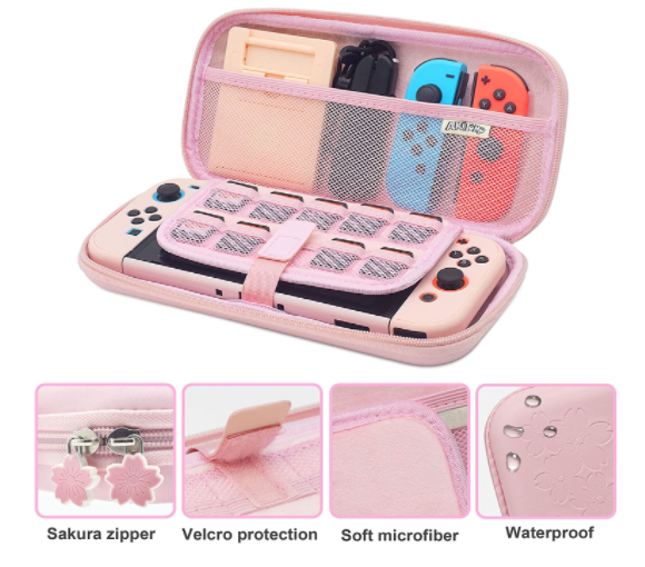 Cute Pink Case for Nintendo Switch Travel Carrying Hard Protective Accessories Kit with Glass Screen Protector Thumb Grips