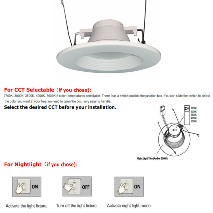 In Stock ETL 4inch LED Recessed Retrofit 11W 900lms LED Downlight Fixture 5CCT Adjustable+2000K Night Light