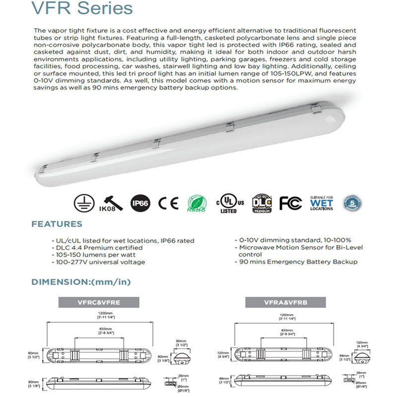 5 Years Warranty LED Tr-proof Light U L DLC IP65 LED 4 Foot Vapor tight Light 4ft 40W 5600LM LED Vapour Proof Light Fixture