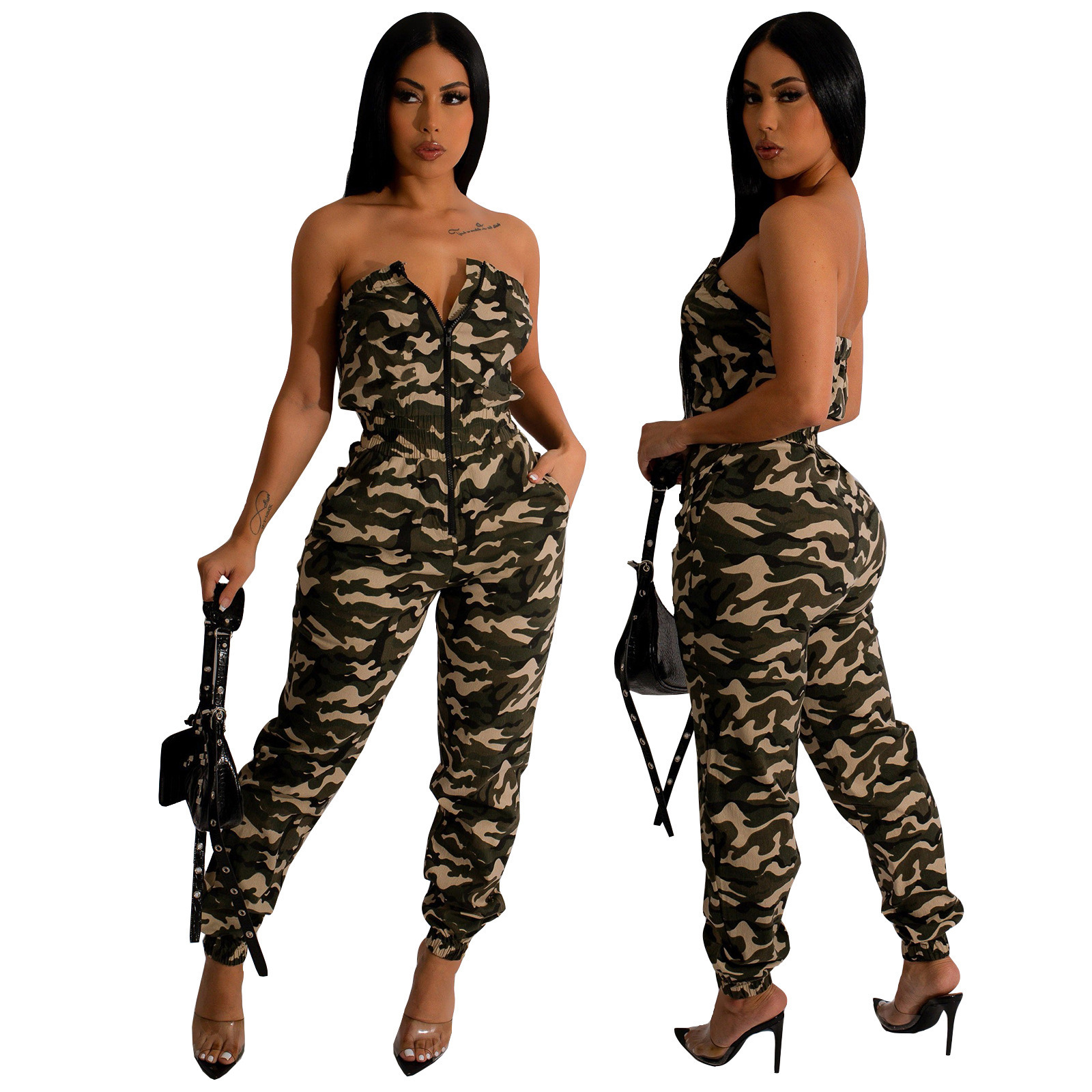 Wholesale in bulk women's camouflage zipper chest-wrapped jumpsuit