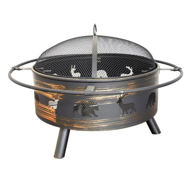 32 inch Wood Fire Pit Including Screen, Cover and Log Poker Outdoor Patio Wood Burning Heater,  Round Animals Fire pit