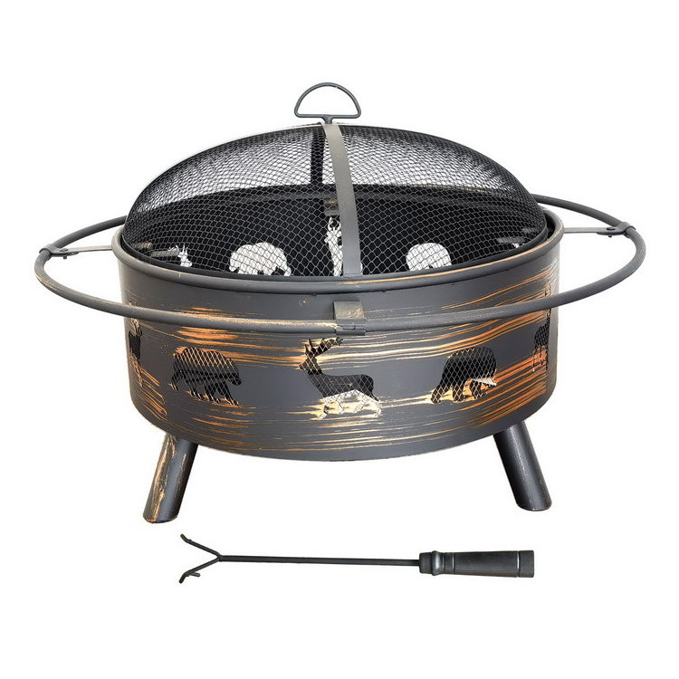 32 inch Wood Fire Pit Including Screen, Cover and Log Poker Outdoor Patio Wood Burning Heater,  Round Animals Fire pit