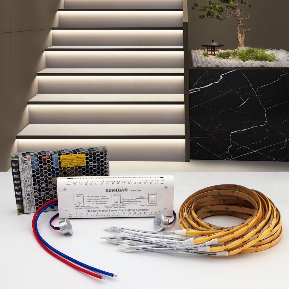 Komigan led stair light kit max 32 steps Daylight Sensor PIR motion sensor Indoor staircase lighting COB LED Strip step light