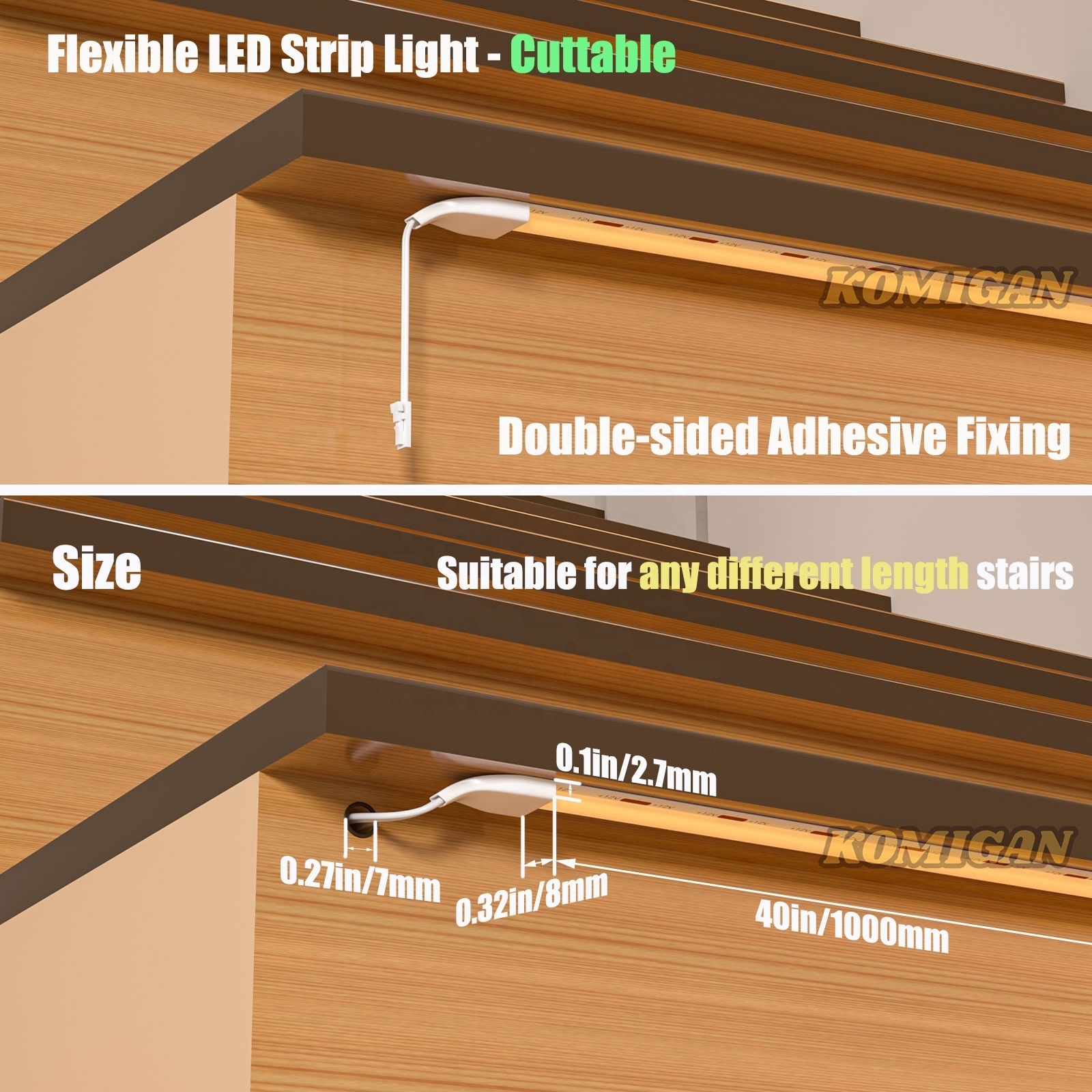 Komigan led stair light kit max 32 steps Daylight Sensor PIR motion sensor Indoor staircase lighting COB LED Strip step light