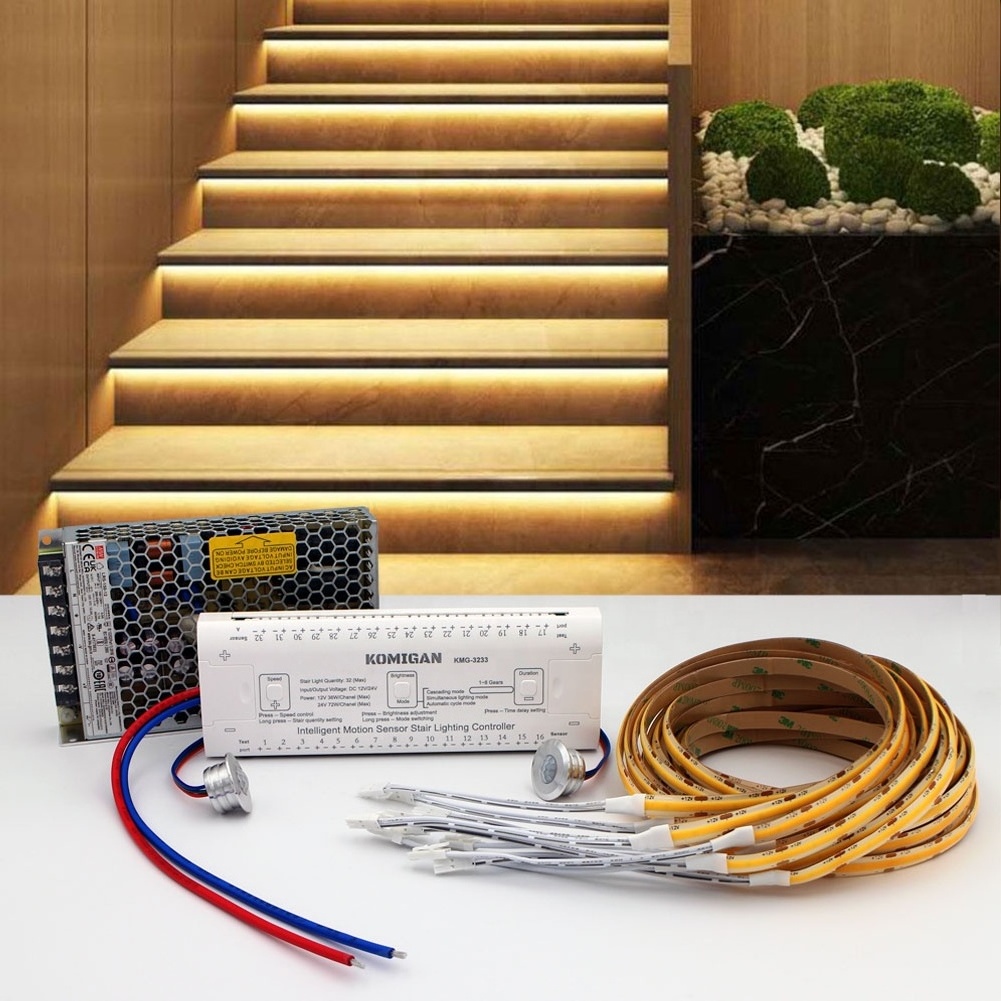 Komigan led stair light kit max 32 steps Daylight Sensor PIR motion sensor Indoor staircase lighting COB LED Strip step light