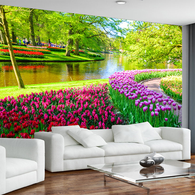 KOMNNI Fresh Natural Scenery Tulip Peel And Stick Wall Murals Fresco Living Room TV Sofa Background Wall Home Decor Wallpaper