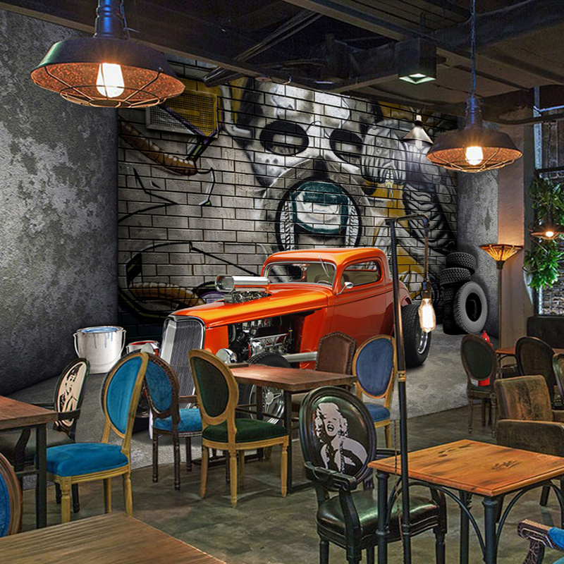 KOMNNI brick wall mural Wallpaper Creative Stereoscopic Space Car Skull Street Graffiti Art Restaurant Background Wall Painting