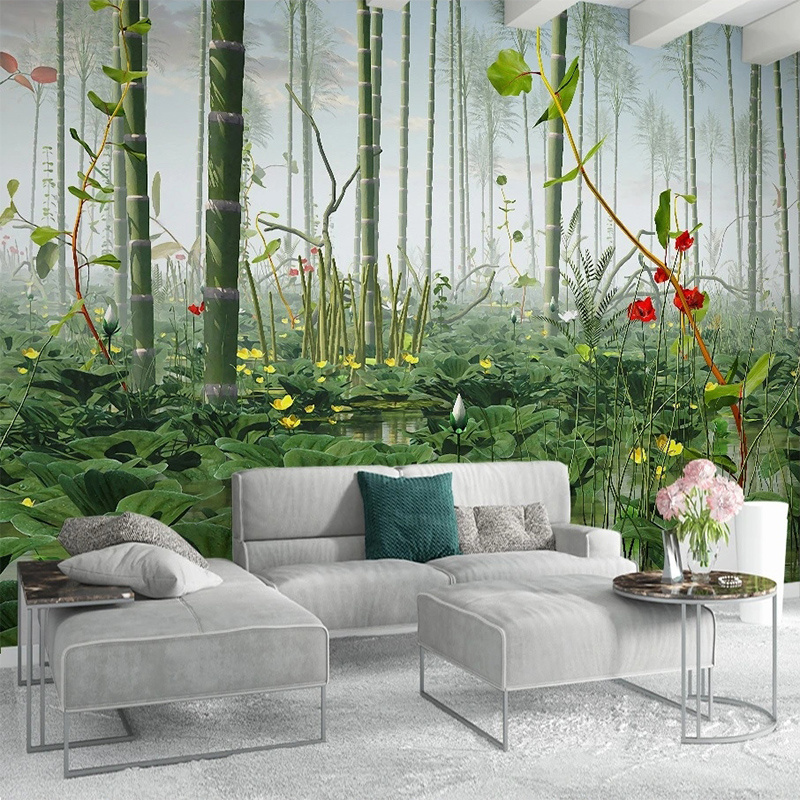 KOMNNI Custom Photo Wallpaper 3D Lotus Bamboo Forest Landscape Mural Living Room Bedroom Background Wall Muralaper