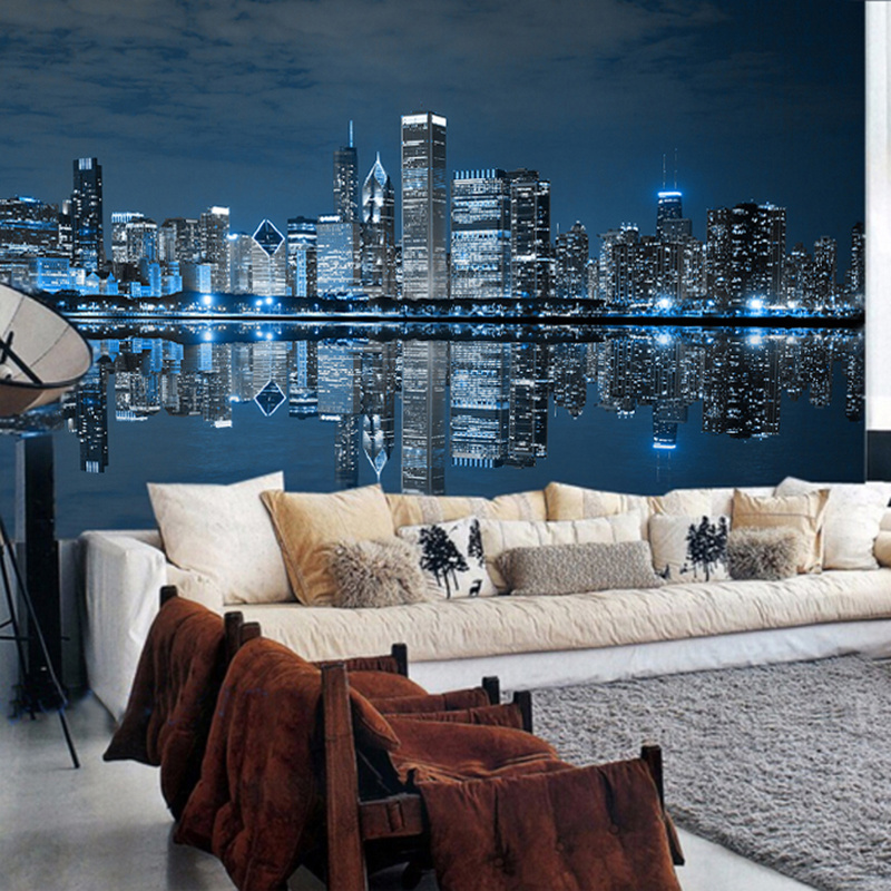 KOMNNI Custom Mural Wallpaper Black And White Night View City Building Mural Study Living Room Sofa TV Background 3D Wallpaper