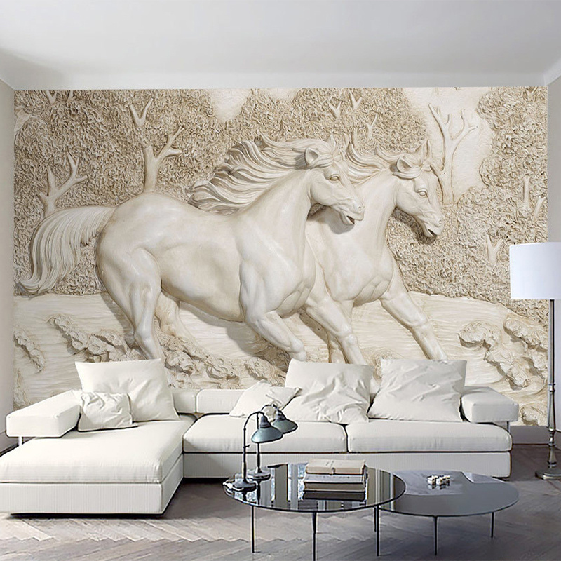 KOMNNI Wallpaper 3D Stereo Relief White Horse Peel And Stick Wall Murals Classic Living Room TV Backdrop Home Decor Wall Mural