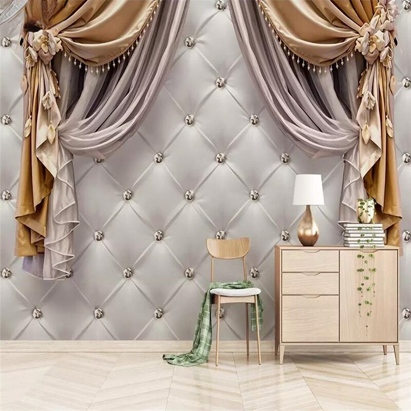 KOMNNI Custom European Curtain Soft Package Wallpaper Living Room Bedroom Wall Mural Background 3d Wall paper wall stickers