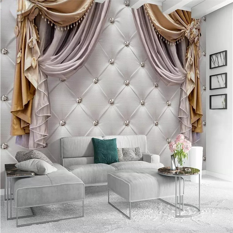 KOMNNI Custom European Curtain Soft Package Wallpaper Living Room Bedroom Wall Mural Background 3d Wall paper wall stickers