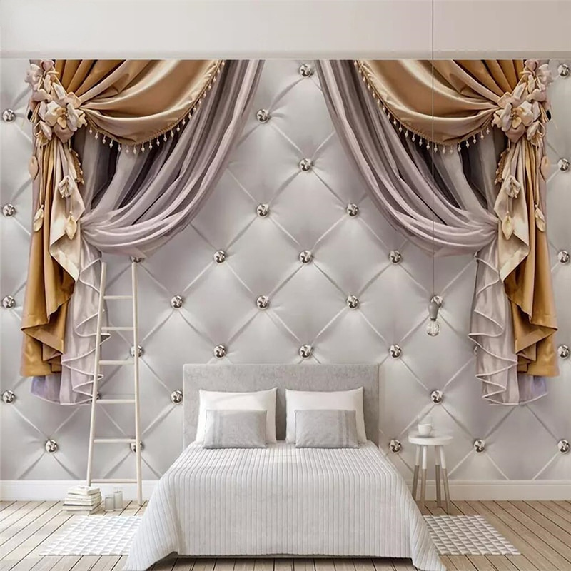 KOMNNI Custom European Curtain Soft Package Wallpaper Living Room Bedroom Wall Mural Background 3d Wall paper wall stickers