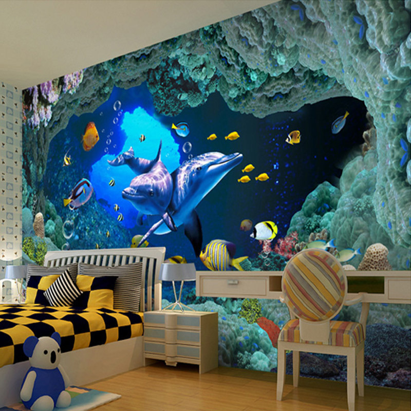 KOMNNI Custom 3D Wallpaper Under Water World Sticker Children Living Room Background Wall Covering animal wall mural sticker