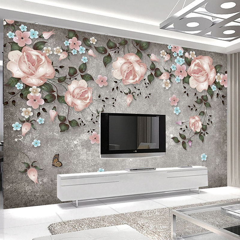 KOMNNI Custom wall murals peel and stick Retro Rose Flower Vine Hand Painted Wall Painting 3D Embossed Home Decor Wallpaper