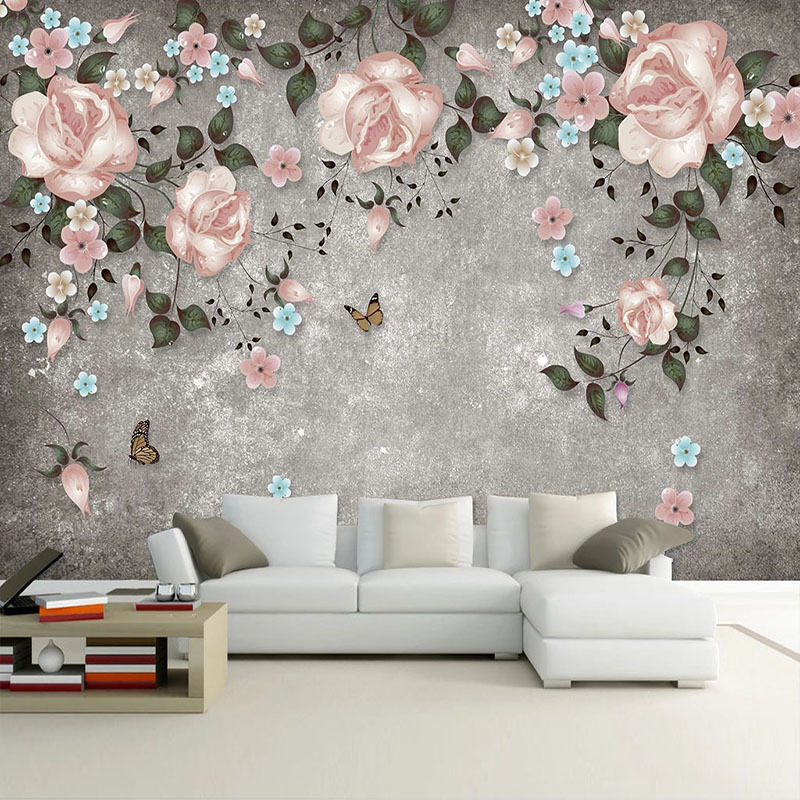 KOMNNI Custom wall murals peel and stick Retro Rose Flower Vine Hand Painted Wall Painting 3D Embossed Home Decor Wallpaper