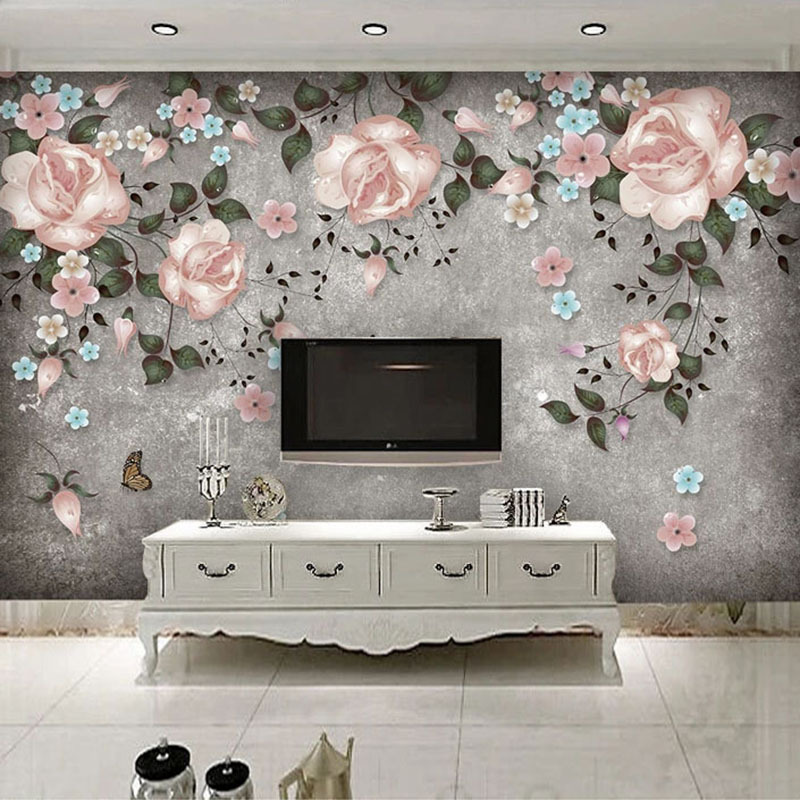 KOMNNI Custom wall murals peel and stick Retro Rose Flower Vine Hand Painted Wall Painting 3D Embossed Home Decor Wallpaper