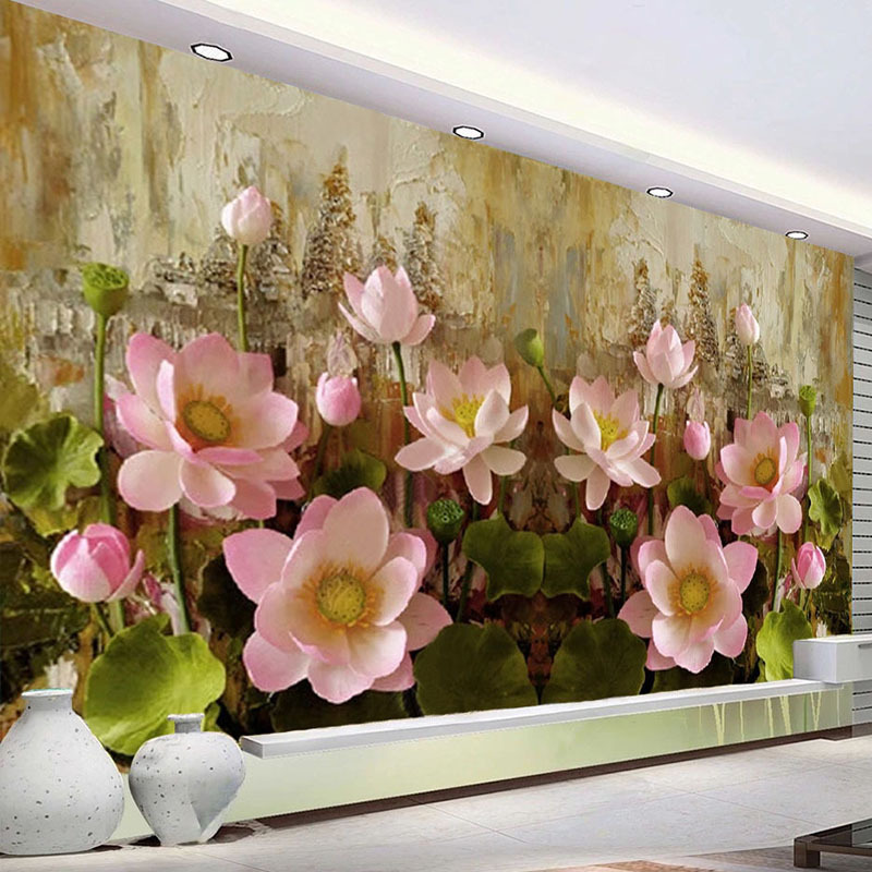 KOMNNI Custom Mural Wallpaper 3D Stereo Lotus Flower Oil Painting Fresco Living Room TV Bedroom Art Peel And Stick Wallpaper