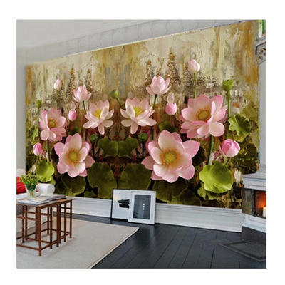 KOMNNI Custom Mural Wallpaper 3D Stereo Lotus Flower Oil Painting Fresco Living Room TV Bedroom Art Peel And Stick Wallpaper