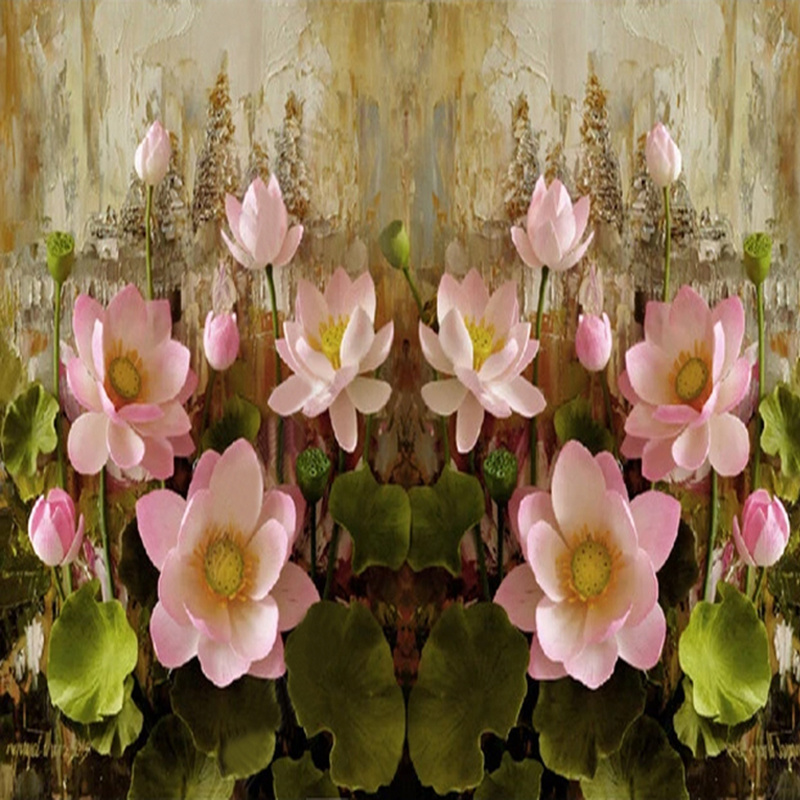 KOMNNI Custom Mural Wallpaper 3D Stereo Lotus Flower Oil Painting Fresco Living Room TV Bedroom Art Peel And Stick Wallpaper