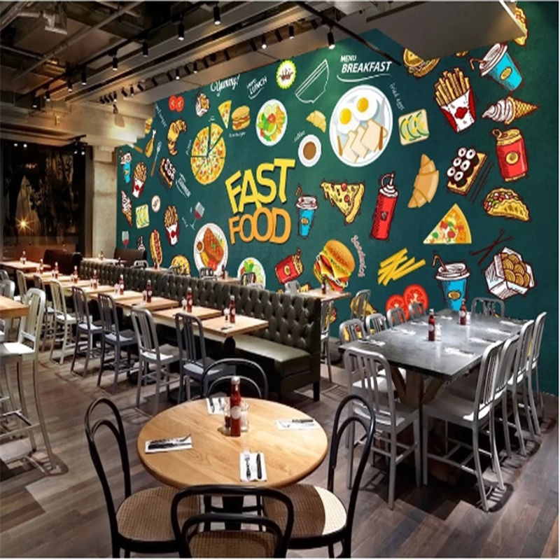 KOMNNI Burger Western Fast Food Restaurant Snack Bar Background Mural Wallpaper Industrial Decor Peel And Stick Wall Paper