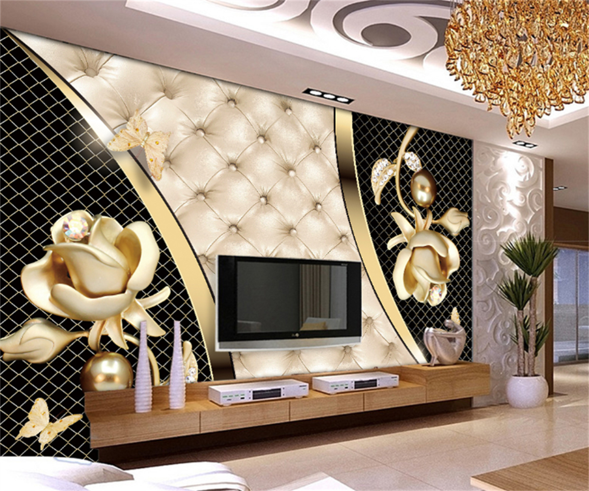 KOMNNI Custom 3d Wallpaper Mural European And American Luxury Atmosphere Black Gold  Sofa Background Peel And Stick Wallpaper