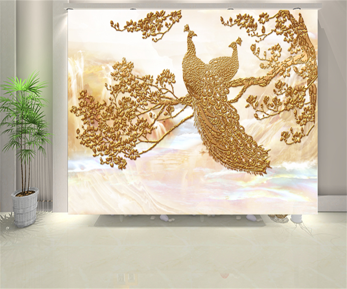 KOMNNI Custom 3d Mural European And American Style Wallpaper Three-Dimensional Golden Peacock Background Wall Mural