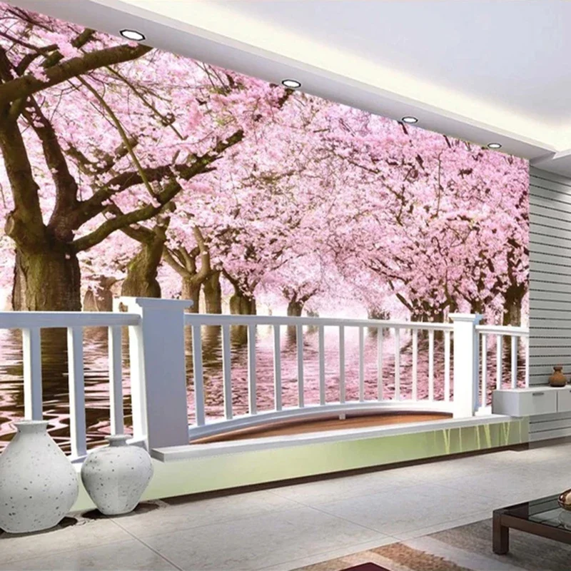 KOMNNI Custom Mural Cherry Blossom Tree Balcony 3d Landscape Wall Paper For Living Room Bedroom Wallpaper Decor