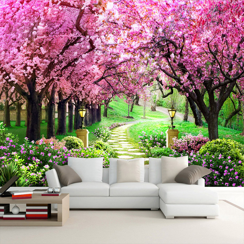 KOMNNI  3D Self-Adhesive Wallpaper Cherry Tree Garden Path Landscape Backdrop Wall Mural Living Room Bedroom Floral Mural