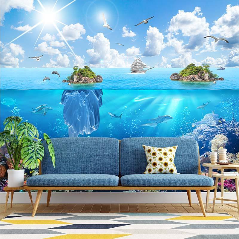 KOMNNI Custom Any Size Underwater World Blue Ocean Fishes Wallpaper Custom Stereo Mural Kids Bedroom Living Room Wall Papers