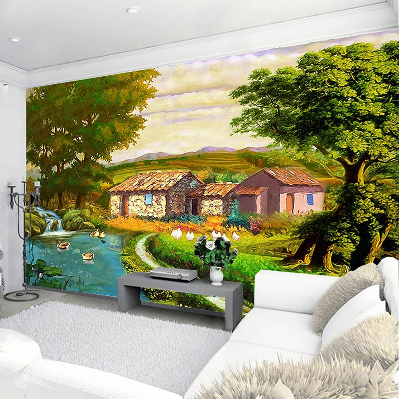 KOMNNI Custom Nordic Retro Pastoral Countryside Oil Painting Wall Mural Wallpaper For Bedroom Living Room nursery wall mural