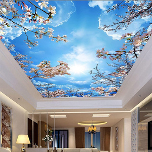 KOMNNI Custom 3D Ceiling Wall Mural Blue Sky White Cloud Pink Cherry Blossom Ceiling Mural Living Room Bedroom Wallpaper