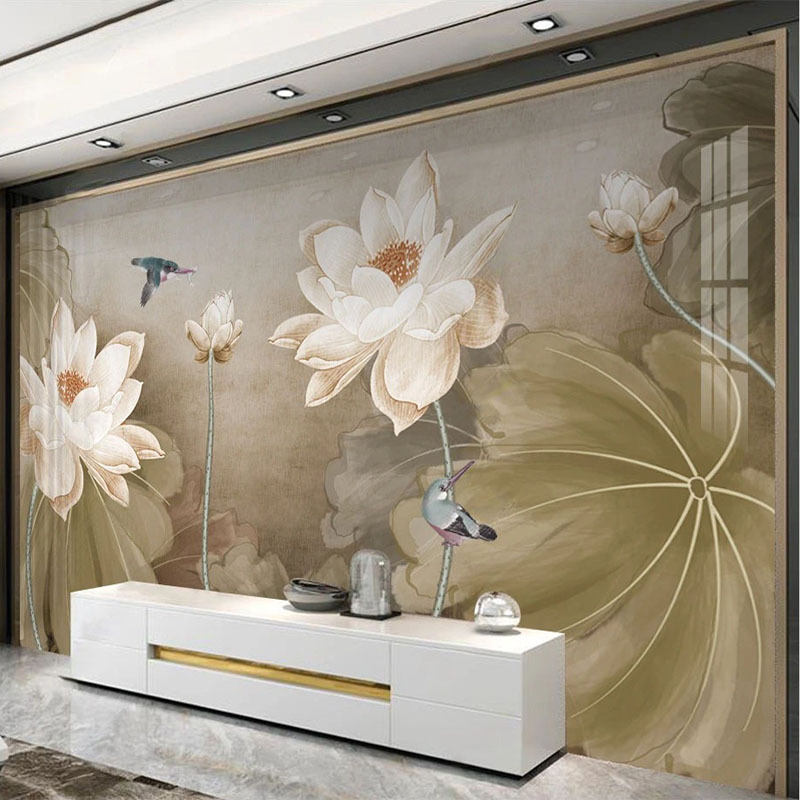 KOMNNI Custom Mural Wallpaper 3D Lotus Ink Painting Landscape Living Room TV Background Peel And Stick Wall Mural