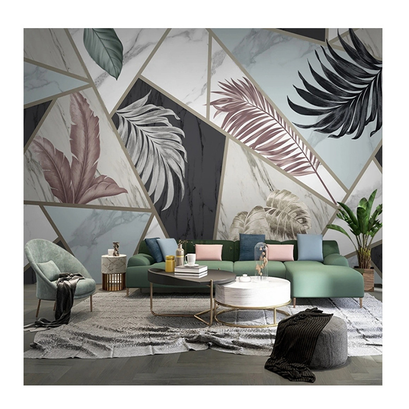 KOMNNI Custom Murals Modern Rainforest Plant Leaves Geometric Marble Wallpaper for Bedroom Living Room Self-Adhesive Wall Mural