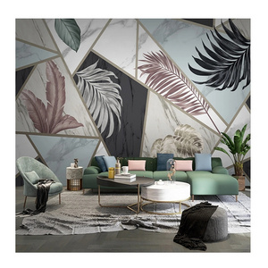 KOMNNI Custom Murals Modern Rainforest Plant Leaves Geometric Marble Wallpaper for Bedroom Living Room Self-Adhesive Wall Mural