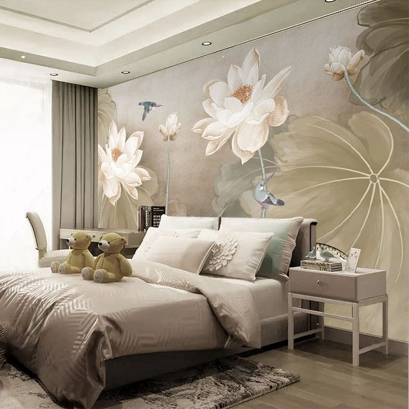 KOMNNI Custom Mural Wallpaper 3D Lotus Ink Painting Landscape Living Room TV Background Peel And Stick Wall Mural