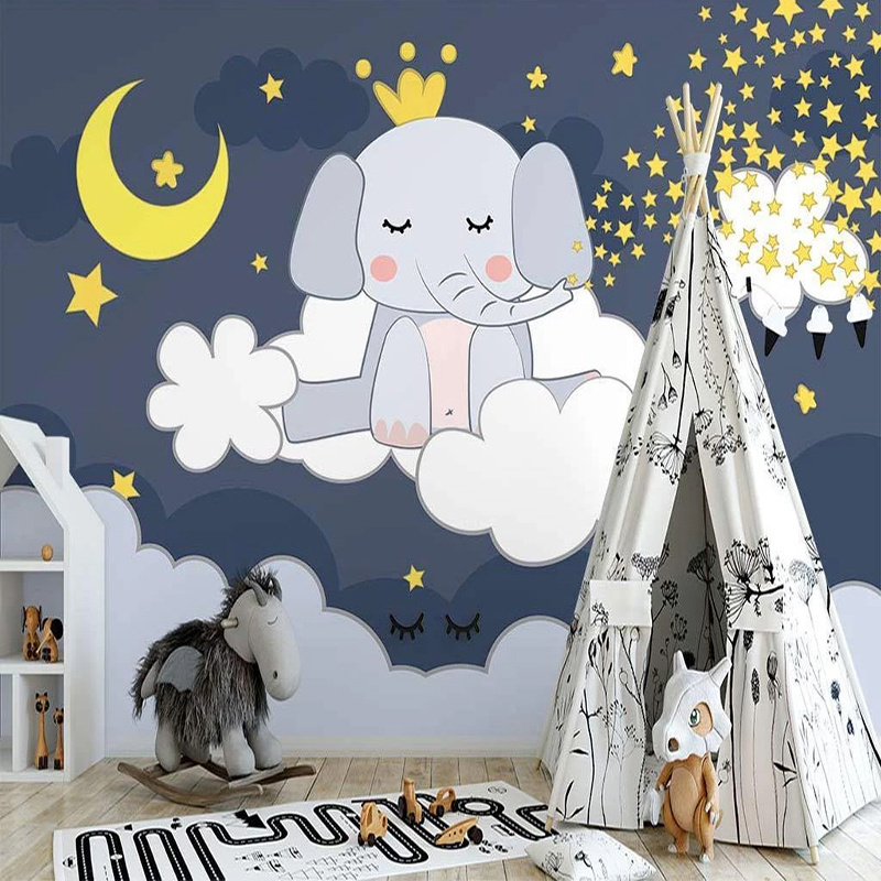 KOMNNI  Custom Mural Self-Adhesive Wallpaper 3D Hand Crown Cartoon Baby Elephant Children Room Background Wall Mural