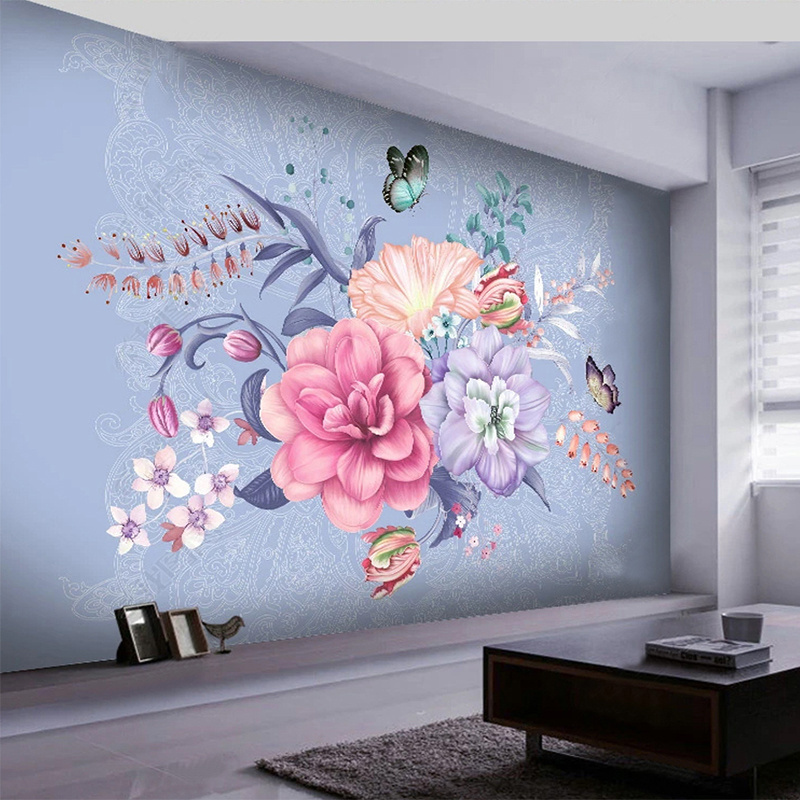 KOMNNI Custom Mural Wallpaper Nordic Hand Painted Flowers Butterflies Marble Wall Painting Living Room Wall Mural Home Decor