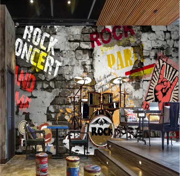 KOMNNI Retro Fashion Brick Wall Mural Rock Bar KTV Industrial Decor Background Wall Paper 3D Rock Music Club Mural Wallpaper