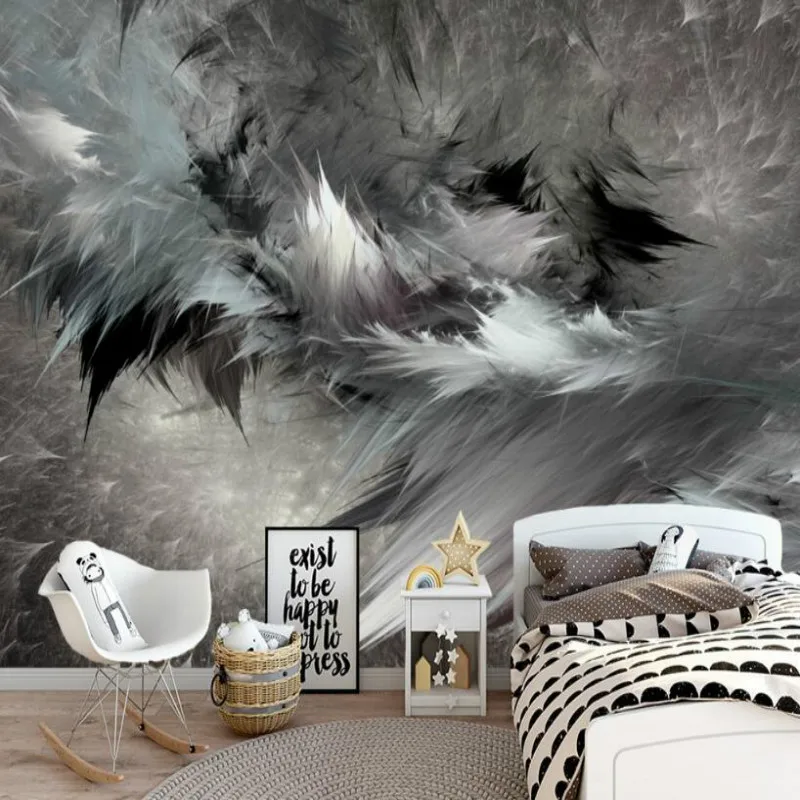 KOMNNI Made Wallpaper Home Improvement Decor 3d Wallpaper For Walls Abstract Art Black And White Feather Mural For Living Room