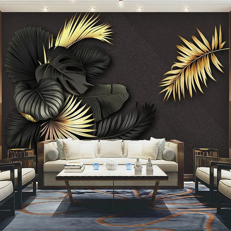 KOMNNI Custom 3D Wall Mural Nordic black Gold Tropical Plants Mural Geometry Wallpaper Living Room Background Wall Mural