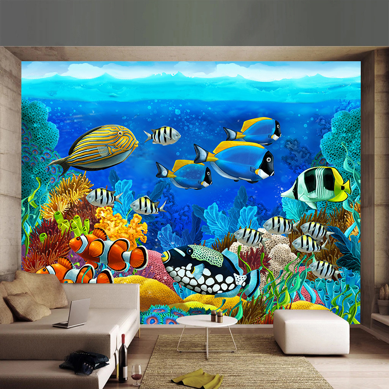 KOMNNI 3D Cartoon Self-Adhesive Mural Wallpaper For Kids Room Wall Paper Underwater World Fish Coral And Aquatic Plants Fresco