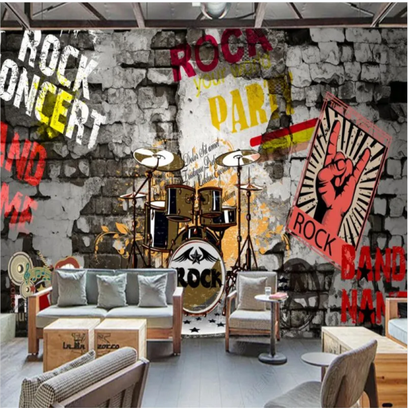 KOMNNI Retro Fashion Brick Wall Mural Rock Bar KTV Industrial Decor Background Wall Paper 3D Rock Music Club Mural Wallpaper