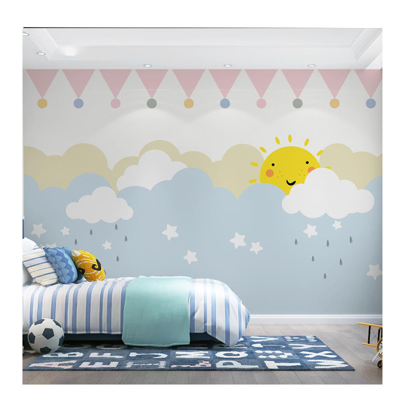 KOMNNI Simple Modern Children's Room Wallpaper Girl's Bedroom Bedside 3d Cartoon Wallpaper Cloud Star Sun Warm Mural