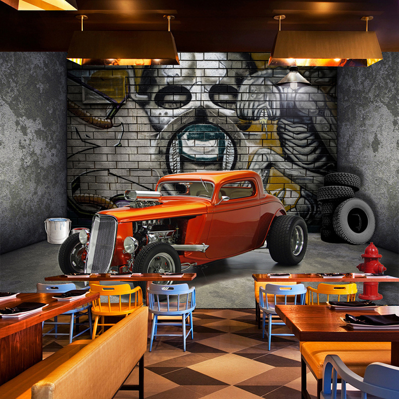 KOMNNI brick wall mural Wallpaper Creative Stereoscopic Space Car Skull Street Graffiti Art Restaurant Background Wall Painting